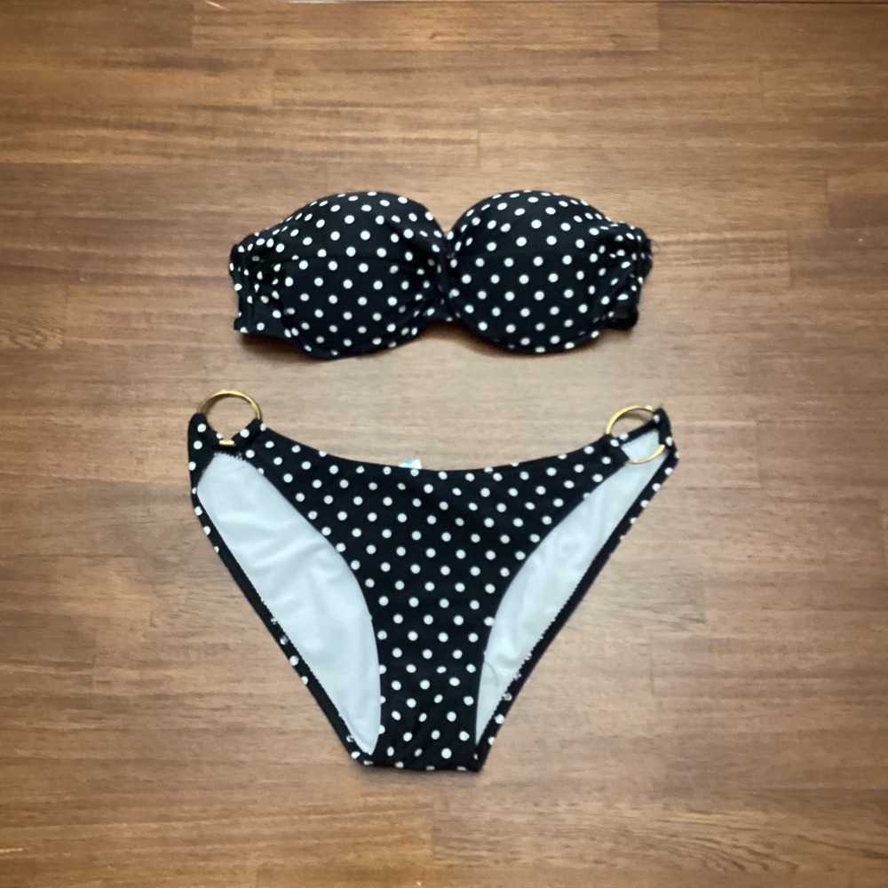 Polka Dot Bikini Set Black White Bandeau Gold Ring Small
